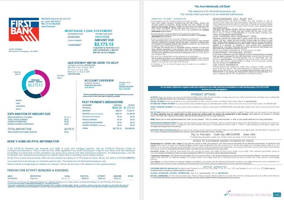 Download USA Bay First bank mortgage loan statement in Word and PDF formats , 4 pages 1 2 Photoshop template